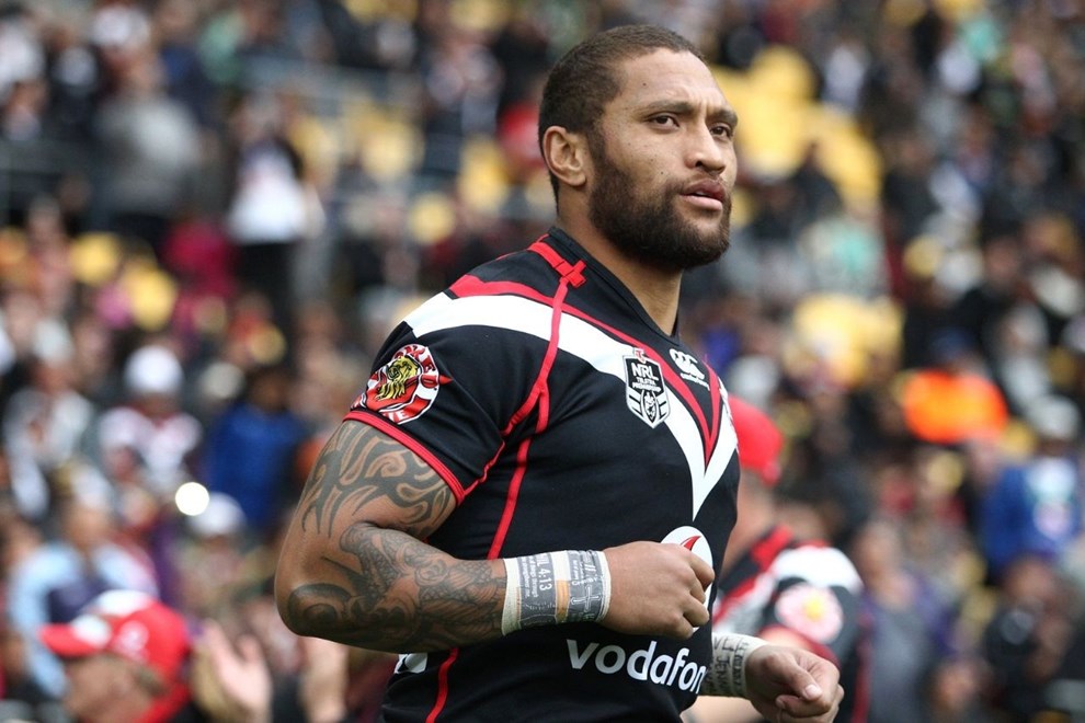 Warriors' Manu Vatuvei takes to the field during the NRL match between The Warriors v Wests Tigers. Westpac Stadium, Wellington. 29 March 2014. Photo.: Grant Down / www.photosport.co.nz
