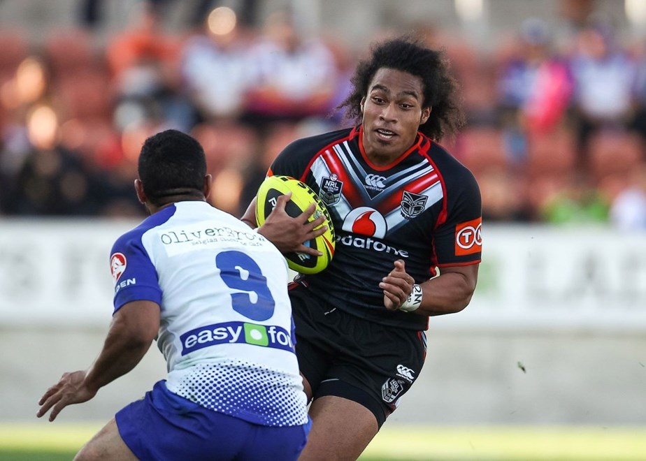 Junior Warriors' Iulio Afoa  in action during the Holden Cup rugby league match - Junior Warriors v Junior Bulldogs played at Waikato Stadium, Hamilton on Sunday 18 May 2014.  Photo:  Bruce Lim / www.photosport.co.nz