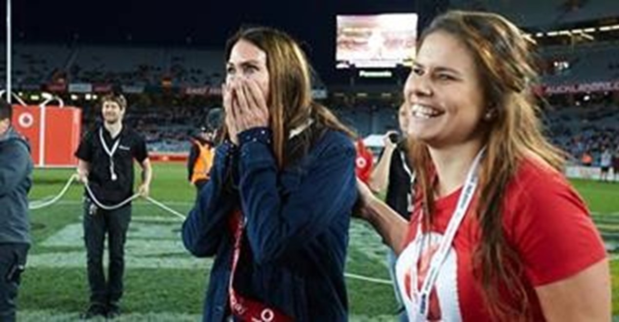 The look of disbelief says it all as Jan Collins finds out the surprise Vodafone had for her at Eden Park on Saturday.