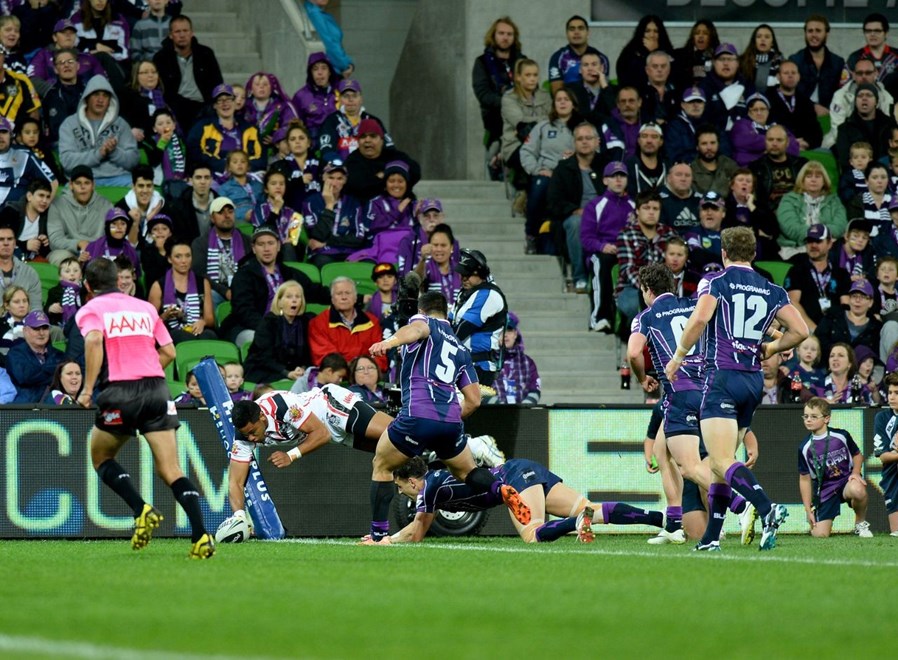 David Fusitua scores a try. ANZAC Day. NRL Rugby League, Melbourne Storm v Vodafone Warriors, Melbourne, Australia. 25 April 2014. Photo: www.photosport.co.nz