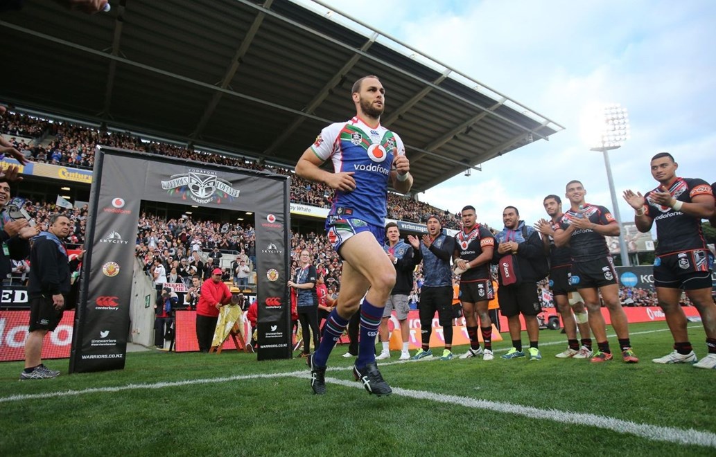 Warriors captain Simon Mannering runs onto the park for his 200th match for the Vodafone Warriors. Warriors v Newcastle Knights. NRL Rugby League. Mt Smart Stadium, Auckland, New Zealand. Sunday 1 June 2014. Photo: Andrew Cornaga/www.Photosport.co.nz
