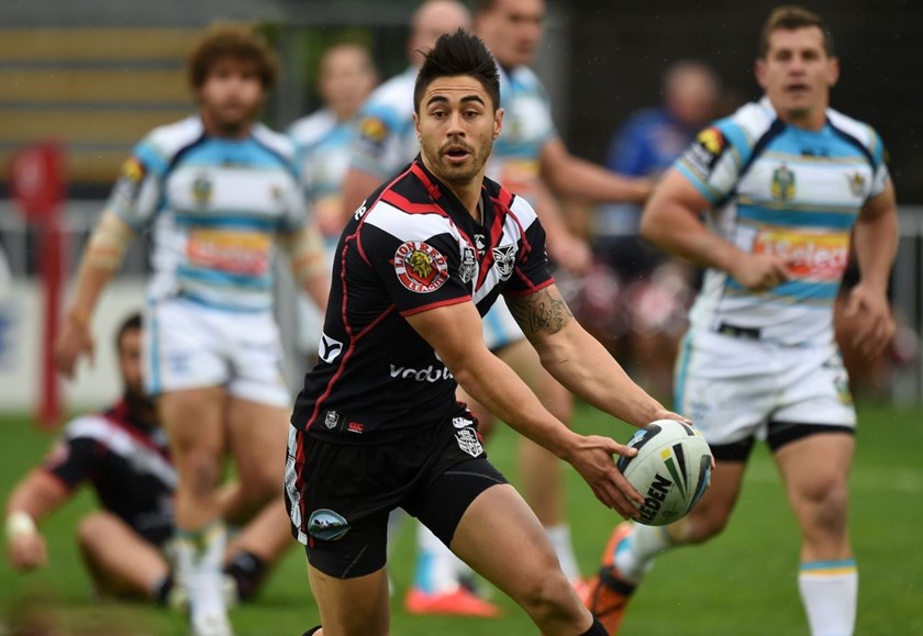 Shaun Johnson. Vodafone Warriors v Gold Coast Titans. NRL Rugby League. Mt Smart Stadium, Auckland, New Zealand. Sunday 31 August 2014. Photo: Andrew Cornaga/www.Photosport.co.nz