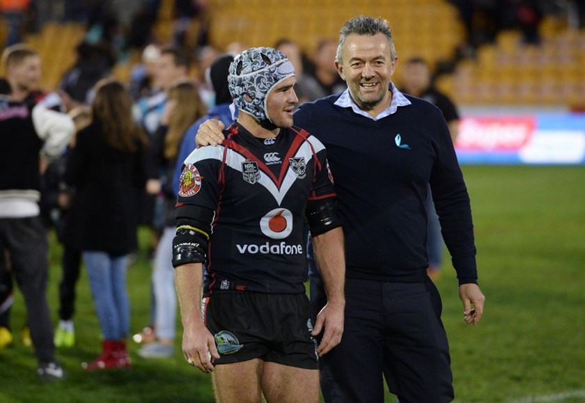 Nathan Friend and CEO Wayne Scurrah. Vodafone Warriors v Gold Coast Titans. NRL Rugby League. Mt Smart Stadium, Auckland, New Zealand. Sunday 31 August 2014. Photo: Andrew Cornaga/www.Photosport.co.nz