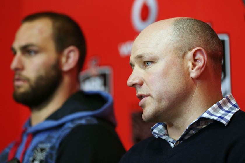 Head Coach Andrew McFadden and Simon Mannering of the Warriors at the Press Conference. Round 25 NRL Telstra Premiership game, Vodafone Warriors v Gold Coast Titans, Mt Smart Stadium, Auckland, New Zealand. Sunday 31 August 2014. Photo: www.photosport.co.nz