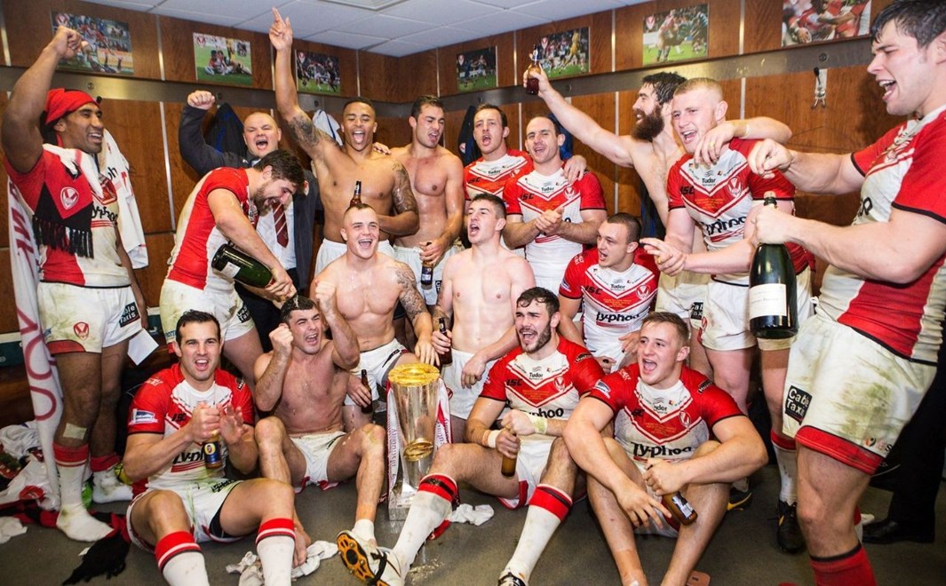 Former Vodafone Warrior Lance Hohaia missed all but three minutes of the Super League grand final but joined in the post-match celebrations  with his St Helens team-mates after their 14-6 win over Wigan. Image | www.photosport.co.nz