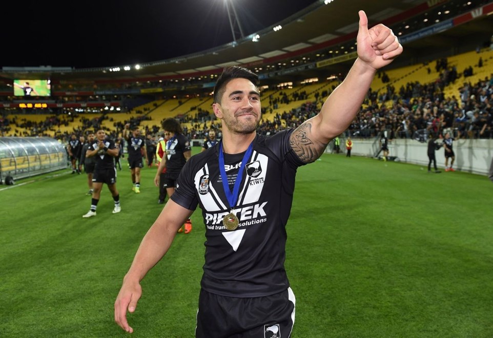 Shaun Johnson celebrates after defeating Australia in the Four Nations Rugby League Final. Wellington, New Zealand. Saturday 15 November 2014. Photo: Andrew Cornaga / www.Photosport.co.nz