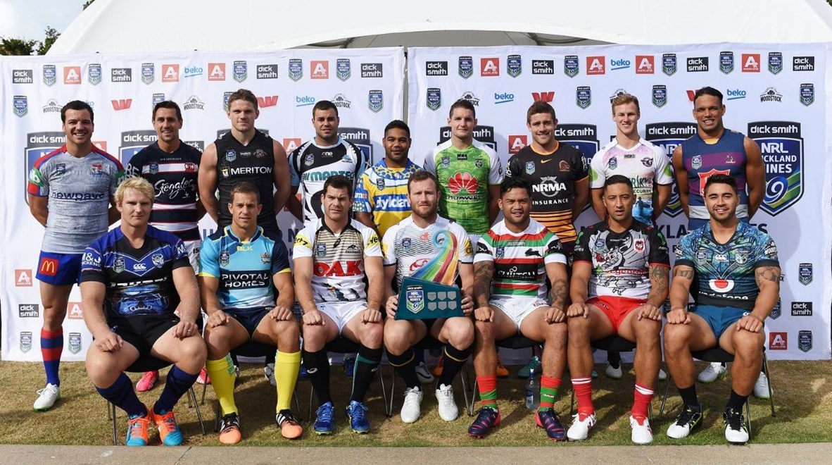 Captains pose for a team photo. NRL Auckland Nines Festival and Fan Zone, Aotea Square, Auckland, New Zealand. Zealand. Friday 30 January 2015. Copyright Photo: Andrew Cornaga/www.Photosport.co.nz