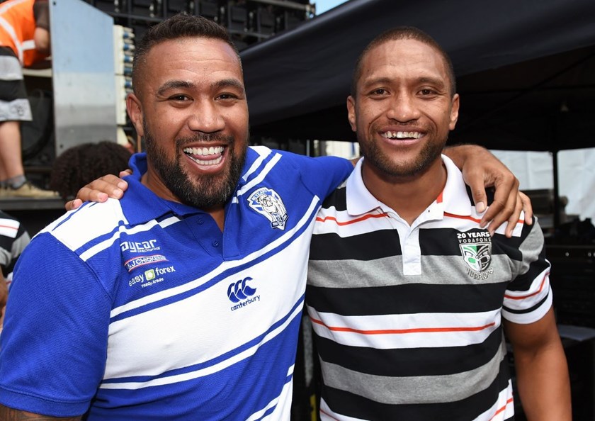 Frank Pritchard and Manu Vatuvei at the NRL Auckland Nines Festival and Fan Zone, Aotea Square, Auckland, New Zealand. Zealand. Friday 30 January 2015. Copyright Photo: Andrew Cornaga/www.Photosport.co.nz