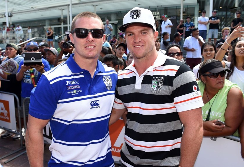 Bulldogs' Damien Cook and Warriors' Chad Townsend and Fans at the NRL Auckland Nines Festival and Fan Zone, Aotea Square, Auckland, New Zealand. Zealand. Friday 30 January 2015. Copyright Photo: Andrew Cornaga/www.Photosport.co.nz