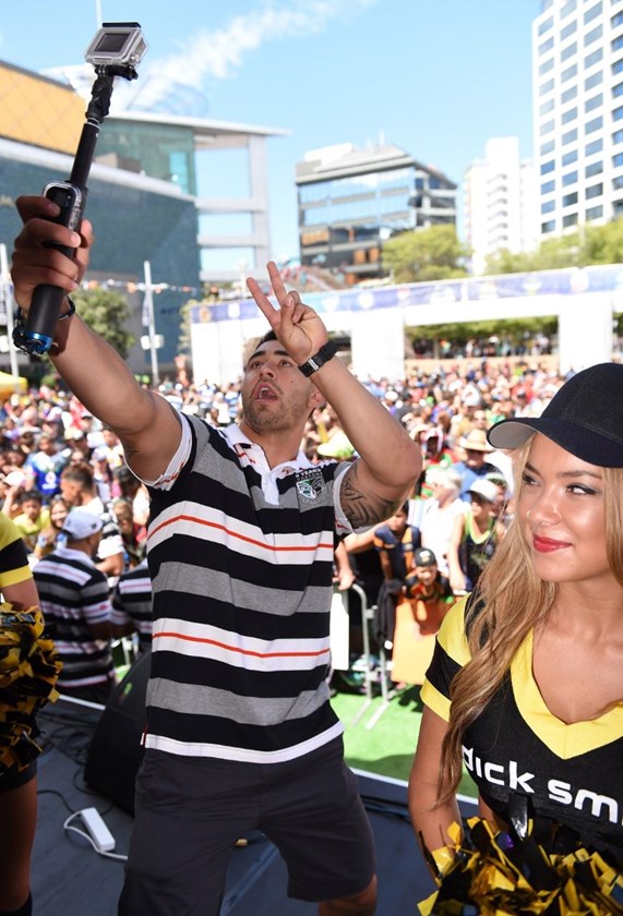 Shaun Johnson takes a selfie at the NRL Auckland Nines Festival and Fan Zone, Aotea Square, Auckland, New Zealand. Zealand. Friday 30 January 2015. Copyright Photo: Andrew Cornaga/www.Photosport.co.nz