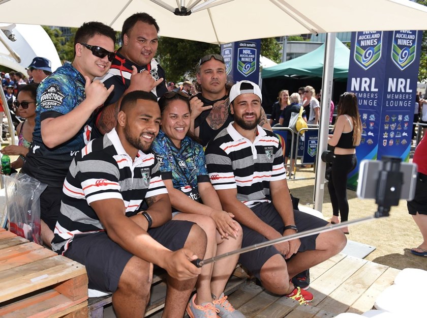 Ngani Laumape and Ben Matulino with Fans at the NRL Auckland Nines Festival and Fan Zone, Aotea Square, Auckland, New Zealand. Zealand. Friday 30 January 2015. Copyright Photo: Andrew Cornaga/www.Photosport.co.nz