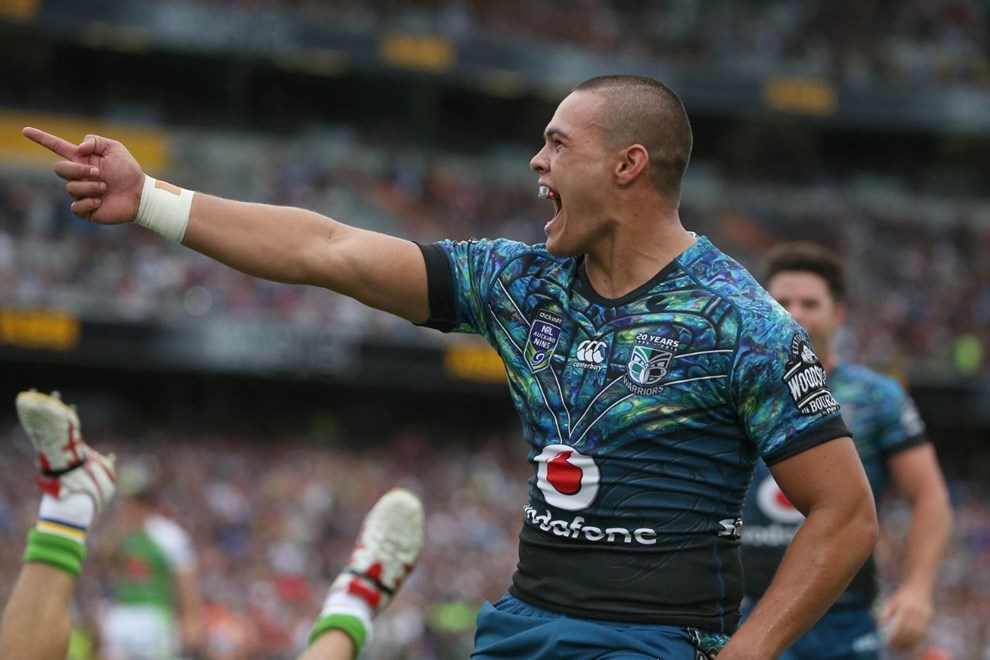  Tuimoala Lolohea celebrates his try against the Raiders during play on Day 1 of the NRL Auckland Nines Rugby League Tournament, Eden Park, Auckland, New Zealand. Saturday 31 January 2015. Copyright Photo: Peter Meecham /www.Photosport.co.nz.