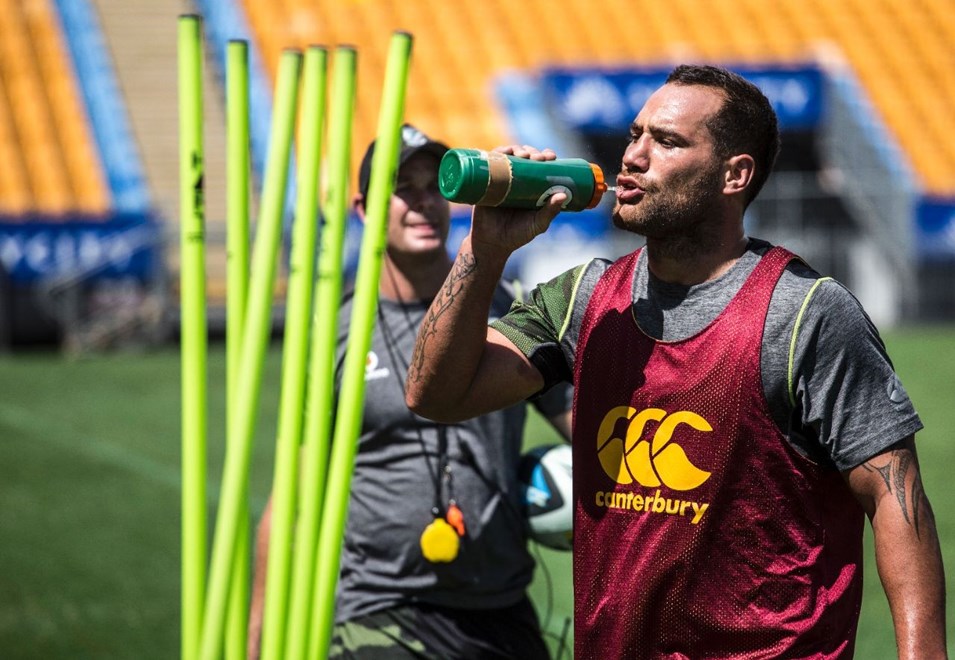 Bodene Thompson takes a drink at training.