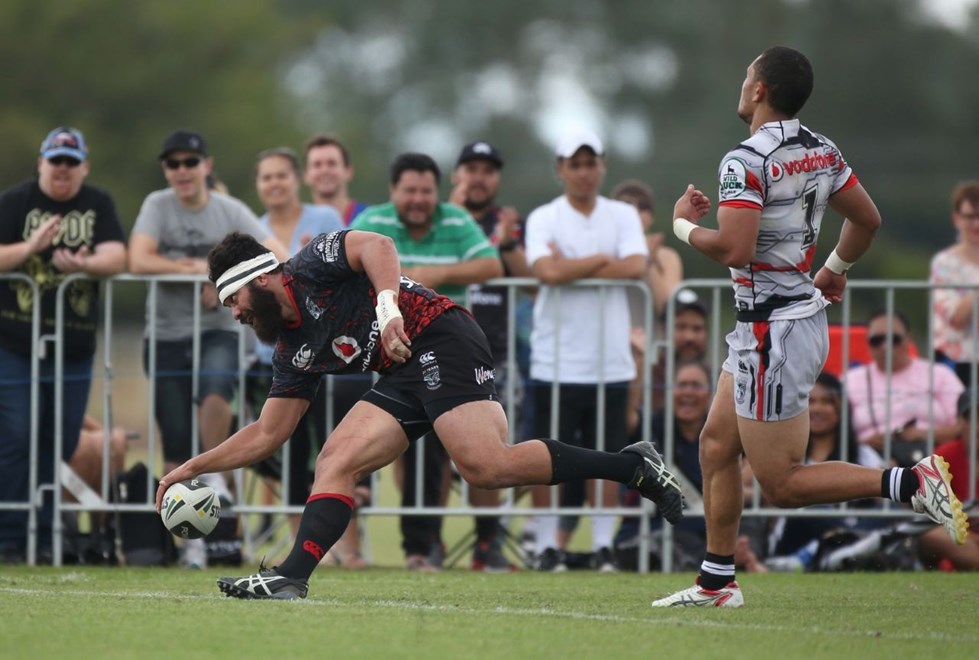 Konrad Hurrell scores during the Warriors NRL v Warriors NSW Cup Trial Match,  held at Bruce Pulman Park in Papakura, South Auckland  on 21 February 2015. .Credit; Peter Meecham/ www.photosport.co.nz