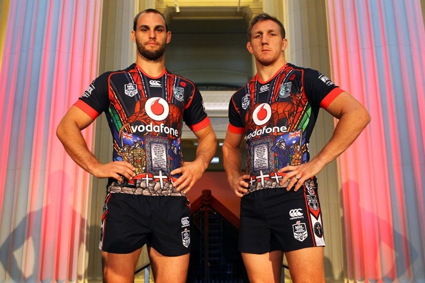 Simon Mannering (L) and Ryan Hoffman during the unveiling of the ANZAC playing shirt the Vodafone Warriors will be wearing during their match against the Titans on ANZAC day. Auckland Museum, New Zealand. 25 March 2015. Copyright Photo: William Booth / www.photosport.co.nz