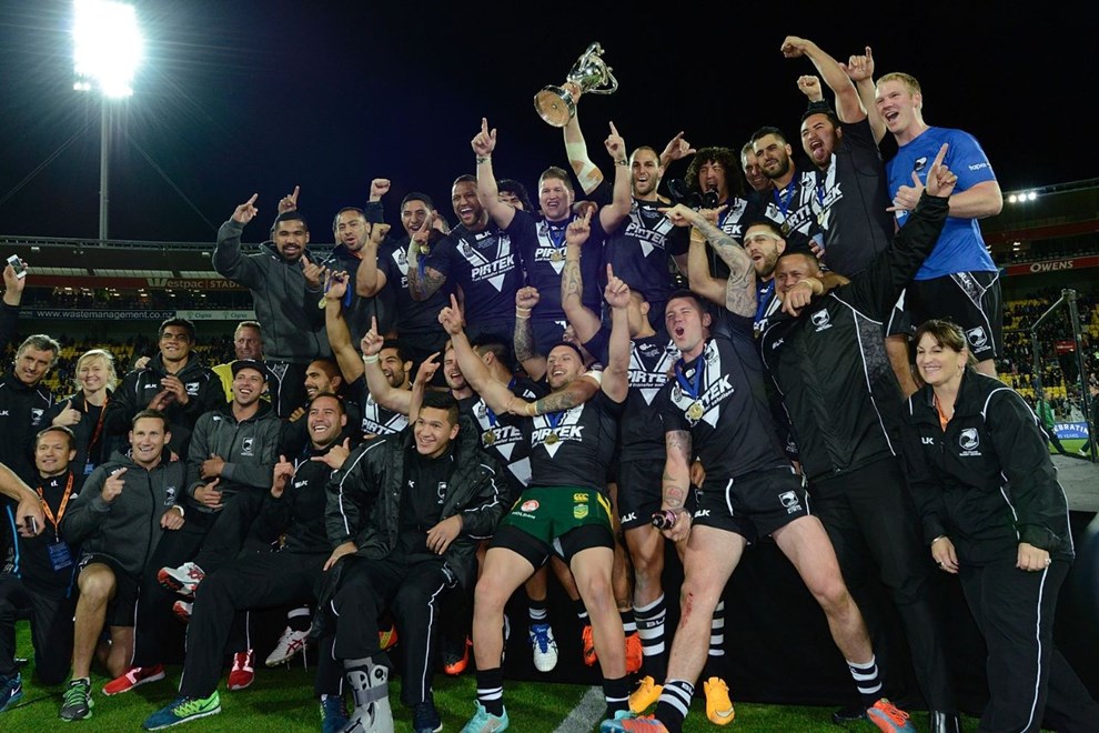The Kiwis celebrate winning the Four Nations Trophy during the Four Nations Final, Kiwis v Kangaroos rugby league match at the Westpac Stadium in Wellington on Saturday the 15th of November 2014. Photo by Marty Melville/www.Photosport.co.nz
