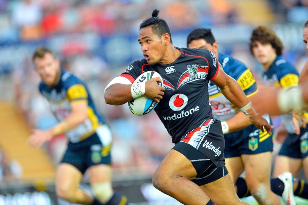 Vodafone Warriors centre Solomone Kata breaks clear against the Cowboys in Townsville.
