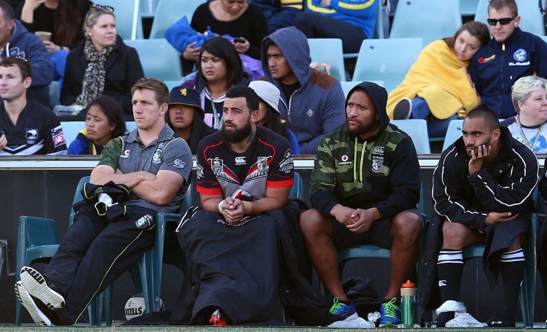 Injured Warriors players: Ryan Hoffman, Manu Vatuvei and Thomas Leuluai watch from the sideline during the NRL rugby league match between the Eels and the Warriors at Pirtek Stadium; Parramatta, Australia. On Saturday 16th May 2015. Photo: Renee McKay/PHOTOSPORT