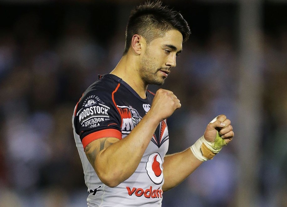 SYDNEY, AUSTRALIA - MAY 09:  Shaun Johnson of the Warriors celebrates scoring the winning try during the NRL Rugby League match between the Cronulla Sharks and the Vodafone Warriors at Remondis Stadium, Sydney, Australia. Saturday 9 May 2015. Copyright Photo: Mark Metcalfe / www.Photosport.co.nz