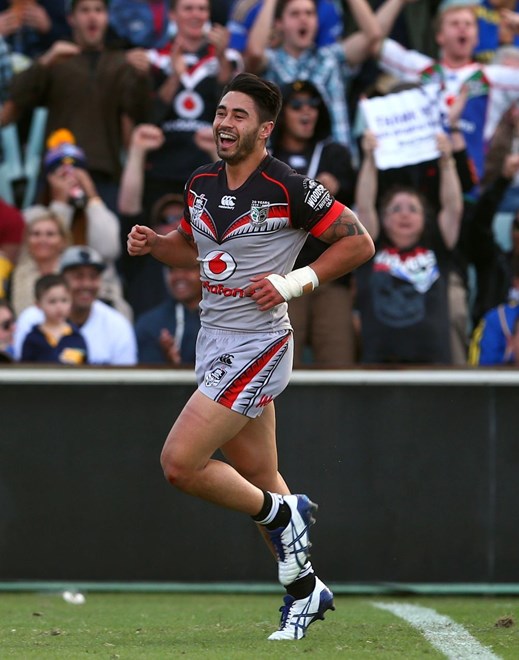 Shaun Johnson celebrates his try during the NRL rugby league match between the Eels and the Warriors at Pirtek Stadium; Parramatta, Australia. On Saturday 16th May 2015. Photo: Renee McKay/PHOTOSPORT