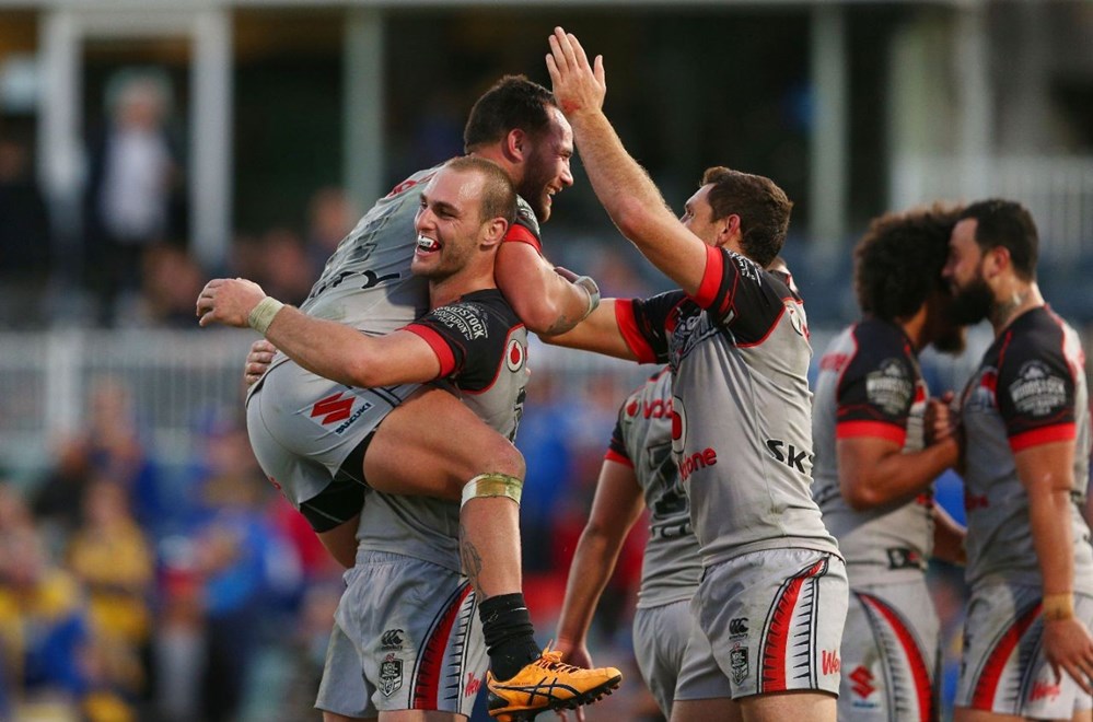 Simon Mannering and Bodene Thompson celebrate their teams win during the NRL rugby league match between the Eels and the Warriors at Pirtek Stadium; Parramatta, Australia. On Saturday 16th May 2015. Photo: Renee McKay/PHOTOSPORT