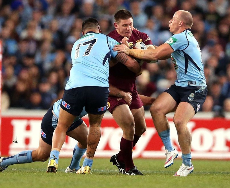 Jacob Lillyman tackled by Andrew Fifita and Beau ScottNSW v Qld State of Origin rugby league match at ANZ Stadium, Sydney Australia. Wednesday 27 May 2015. Photo: Paul Seiser/Photosport.co.nz