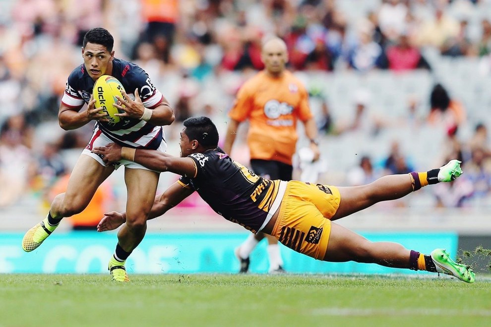 Roger Tuivasa-Sheck of the Roosters in action against the Broncos during Day 1 of the NRL Auckland Nines Rugby League Tournament, Eden Park, Auckland, New Zealand. Saturday 31 January 2015. Copyright Photo: Anthony Au-Yeung / www.photosport.co.nz
