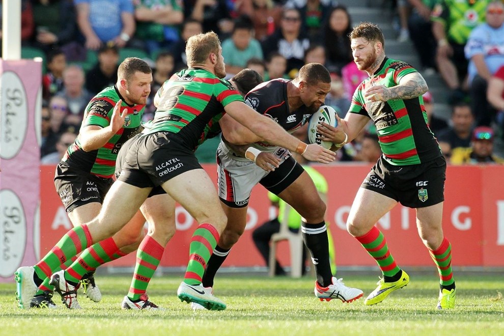 PERTH, AUSTRALIA - JUNE 06: Manu Vatuvei of the Warriors is tackled  during the 2015 NRL Round 13 Rugby League match between the Vodafone Warriors and The Rabbitohs at NIB Stadium, Perth, Australia on June 6, 2015. (Copyright photo Will Russell/www.Photosport.co.nz)