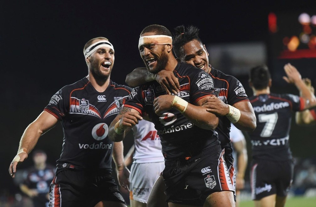 Manu Vatuvei scores a try during the NRL Rugby League match between the Vodafone Warriors and West Tigers at Mt Smart Stadium, Auckland, New Zealand. Saturday 11 April 2015. Copyright Photo: Andrew Cornaga / www.Photosport.co.nz