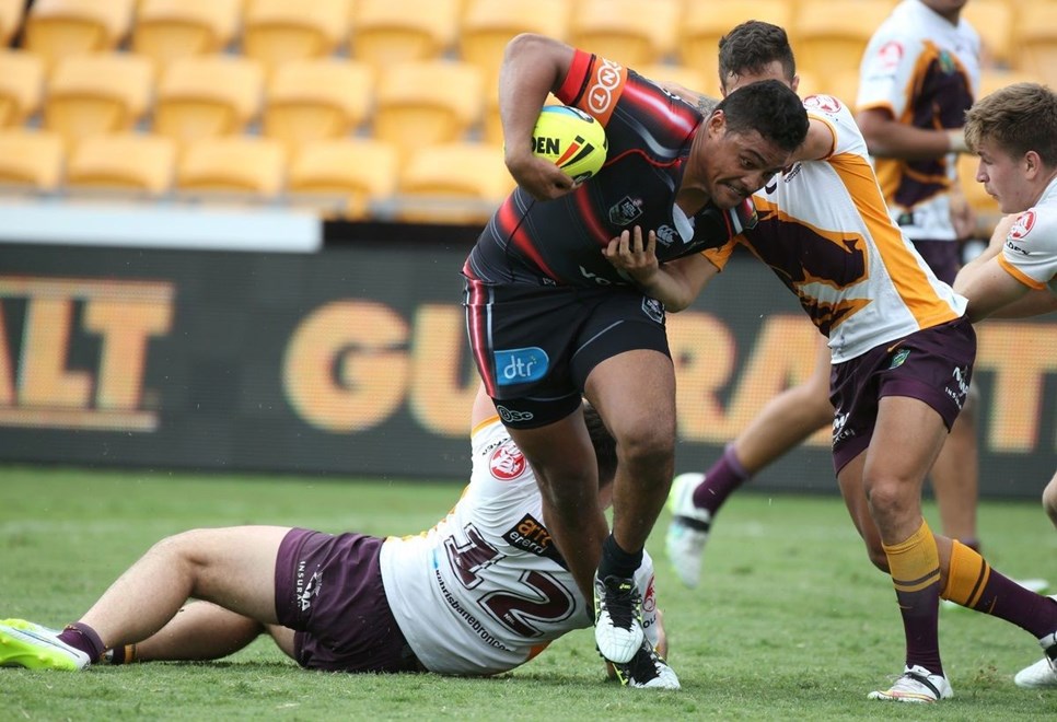 Warriors player Toafafoa Sipley charges upfield during the Junior Warriors vs Junior Broncos Holden Cup rugby league match played at Mt Smart Stadium in Auckland on 29 March 2015. 
Photo Copyright; Peter Meecham/ www.photosport.co.nz