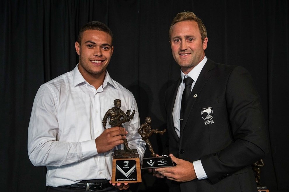 Tuimoala Lolohea (NZ Warriors) is presented with the The Junior Player of the Year by Kelvin Wright at the 2015 New Zealand Rugby League Awards, Maritime Room, Auckland, New Zealand, Wednesday, February 03, 2016. Copyright photo: David Rowland / www.photosport.nz