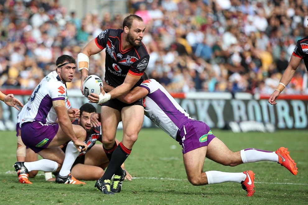 Warrior Simon Mannering looks to pass in the NRL match between the NZ Warriors and the Storm at Mt Smart Stadium on Sunday, march 20, 2016. Photo: Fiona Goodall/photosport.nz