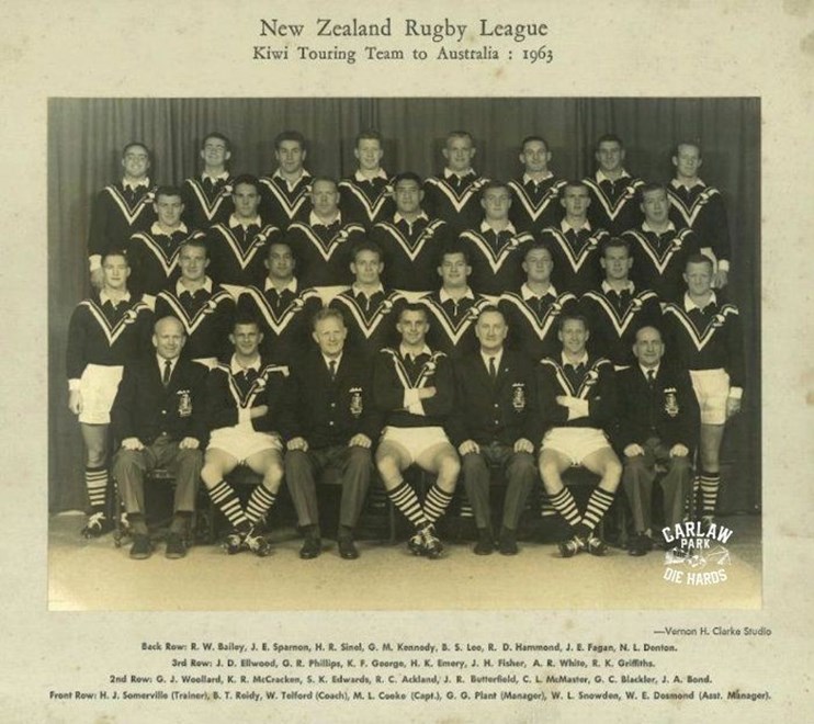 The 1963 Kiwi team to Australia. Brian Reidy is in the front row second from left and Bill Snowden is in the front row second from right.