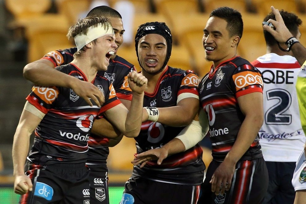 Eiden Ackland, left celebrates a try for the Warriors with team mates during the Holden Cup Warriors v Roosters at Mt Smart Stadium, Auckland, New Zealand on Sunday, 19 June 2016 in Auckland, New Zealand. © Copyright Photo: Fiona Goodall / www.photosport.nz
