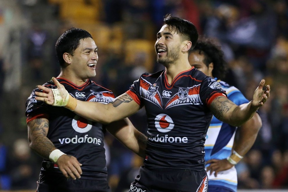 Shaun Johnson, right scores and celebrates with Issac Luke, left in the NRL match Warriors v Titans at Mt Smart Stadium on Saturday, 2 July 2016. Auckland, New Zealand. © Copyright Photo: Fiona Goodall / www.photosport.nz