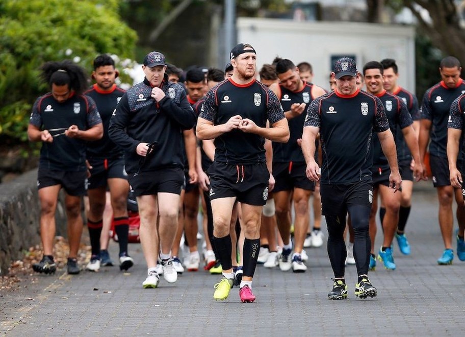 Ryan Hoffman and Jacob Lillyman walk out with the team, Vodafone Warriors NRL rugby league team during a training session at Mt Smart no3. Auckland, New Zealand. 29 November 2016. Copyright Image: William Booth / www.photosport.nz