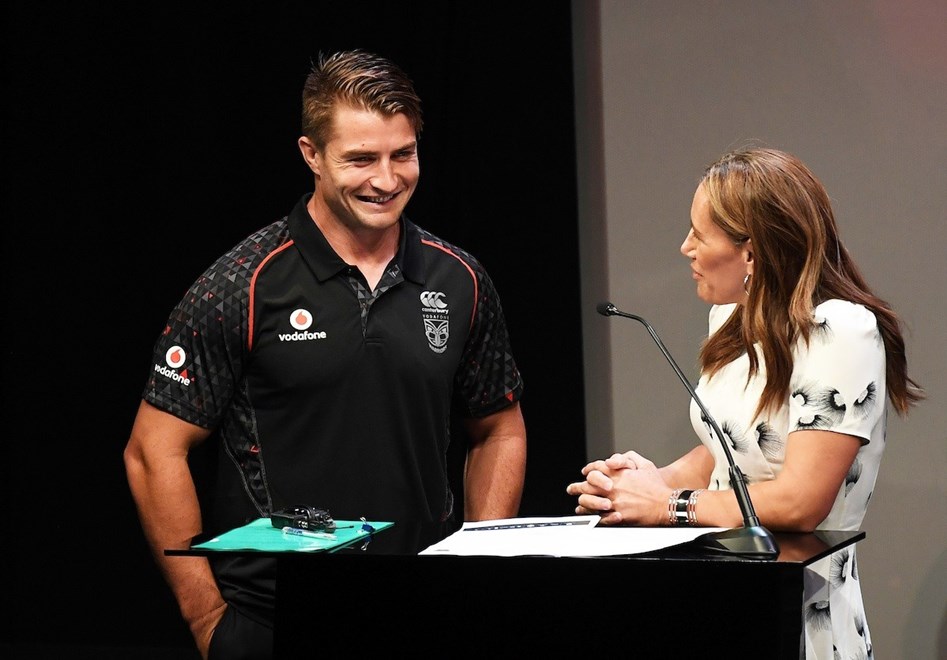 Kieran Foran talks to MC Jenny-May Clarkson during the Vodafone Warriors season launch ahead of the 2017 NRL rugby league competition. Sky City