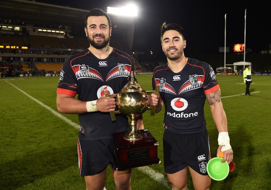 Ben Matulino and Shaun Johnson with the Michael Moore trophy during the NRL Rugby League match between the Vodafone Warriors and The Melbourne Storm at Mt Smart Stadium, Auckland, New Zealand. Sunday 12 July 2015. Copyright Photo: Andrew Cornaga / www.Photosport.nz