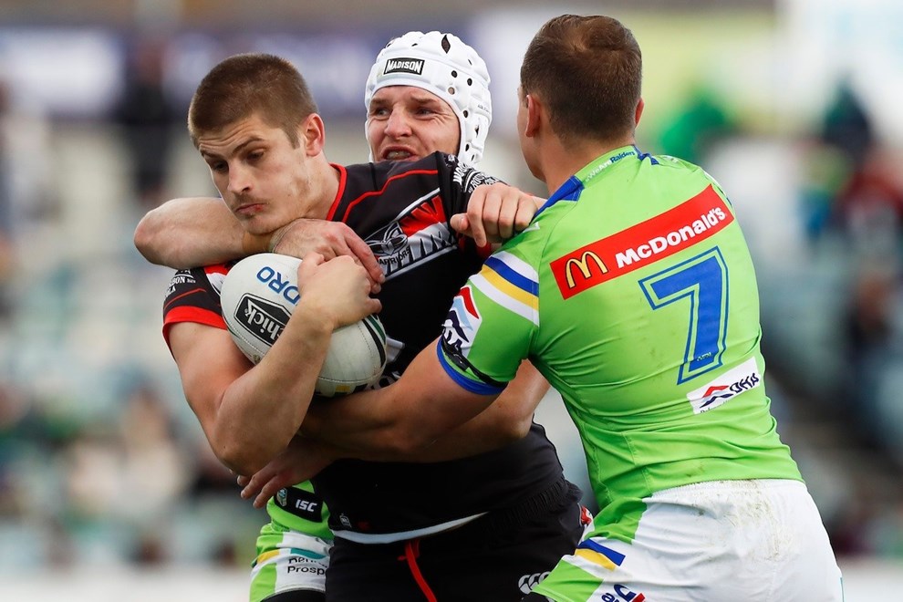 Blake Ayshford on the attack for the Warriors. Canberra Raiders v Vodafone New Zealand Warriors. NRL Rugby League