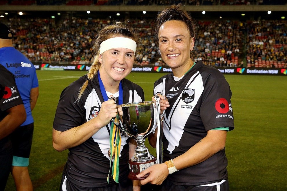 Georgia Hale and Krystal Rota celebrate with the trophy after defeating the Jillaroos.
Trans Tasman NZRL Kiwi Ferns v Australia Jillaroos Test Match at Hunter Stadium
