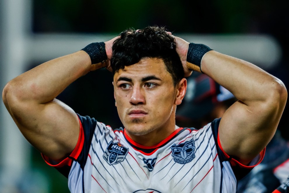 A disappointed Nathaniel Roache with his hands on his head. Melbourne Storm v Vodafone Warriors
