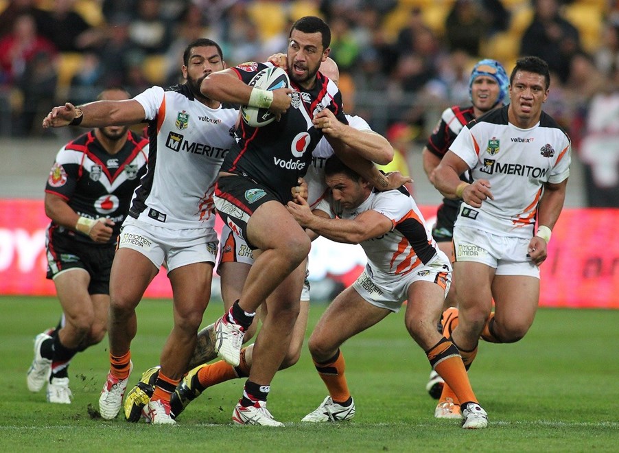 Warriors' Ben Matulino rumbles the ball forward during the NRL match between The Warriors v Wests Tigers. Westpac Stadium, Wellington. 29 March 2014. Photo.: Grant Down / www.photosport.co.nz