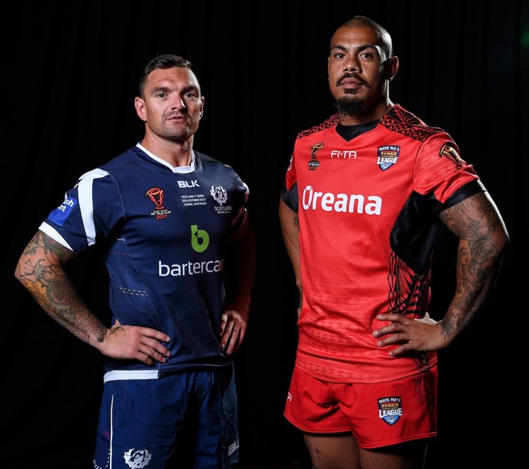 Scotland rugby league captain Danny Brough with Tonga's Sika Manu. Rugby League World Cup Media photo call featuring the coach and a player from each of the 14 RLWC2017 teams Sofitel, Brisbane, Australia, 22 October 2017. Photos: Grant Trouville / NRL Photos