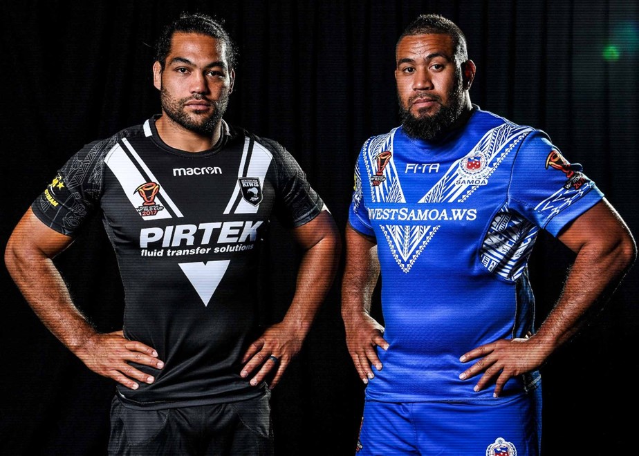 New Zealand captain Adam Blair and Samoa captain Frank Pritchard.
Rugby League World Cup Media photo call featuring the coach and a player from each of the 14 RLWC2017 teams Sofitel, Brisbane, Australia, 22 October 2017. Photos: Grant Trouville / NRL Photos