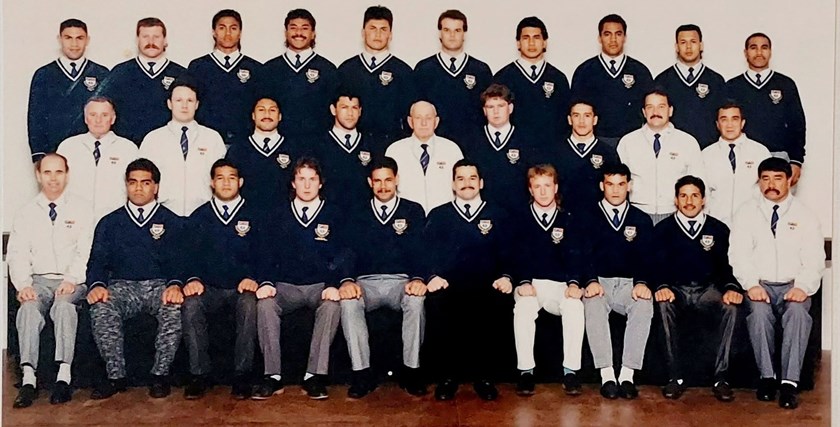 The Auckland team that stunned the Kangaroos and Eastern Suburbs in 1989. Coach Cameron Bell, far right in front row.