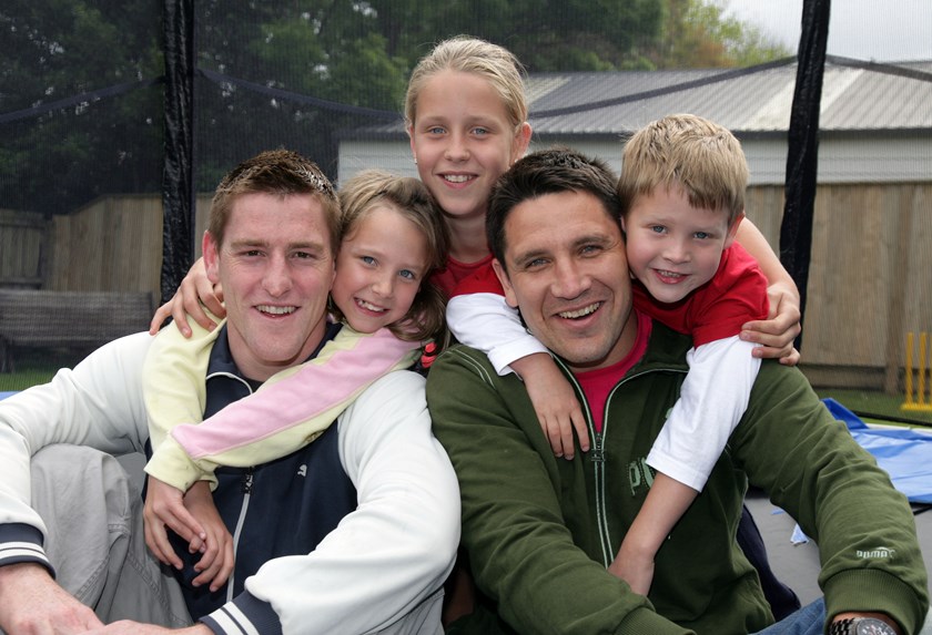 Flashback, November 2007: Six-year-old Riley Price with his uncle and new Warriors signing Brent Tate, dad and Warriors captain Steve and sisters Kasey and Jamie.